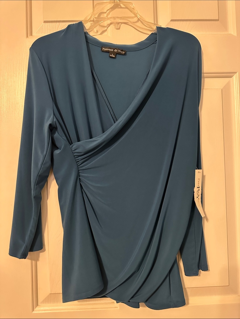 Preston & York Teal Draped Wrap-Front Long Sleeve Top